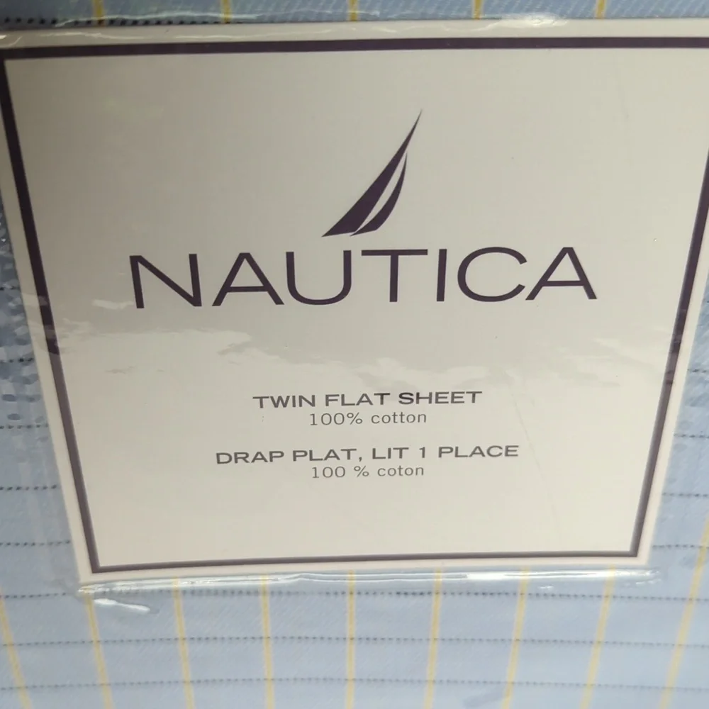 Nautical Sheet Twin Flat 100% Cotton Blue Windowpane 210 Thread Count NEW